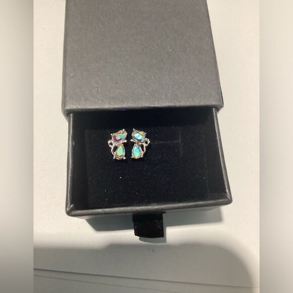 - 😺Petite Tiny Sterling Silver (925) Iridescent Diamond Cat Earrings💎 - Picture 13 of 16
